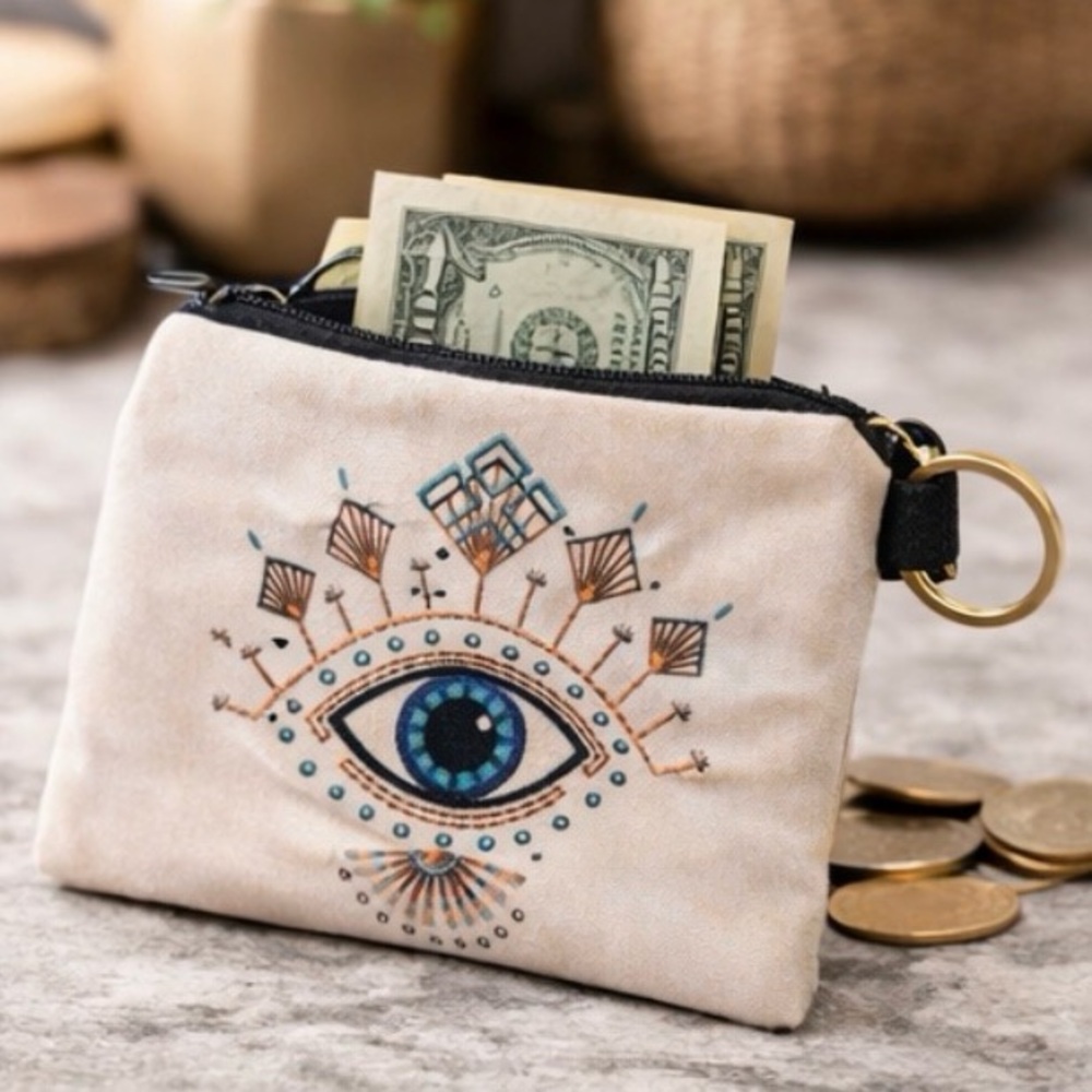 Boho Evil Eye Coin Pouch Keychain – White Canvas Geometric Eye Design Mini Zip